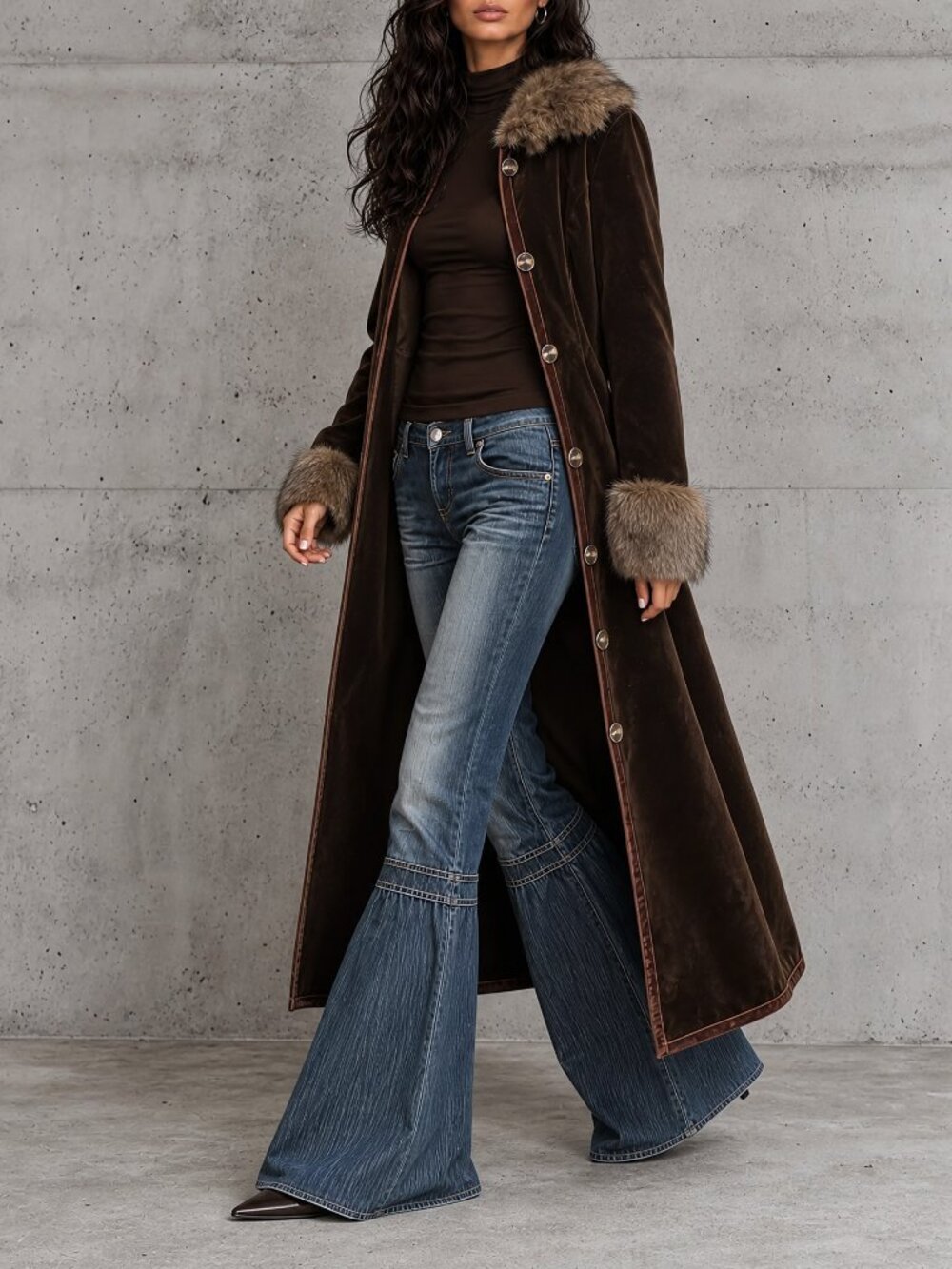 Coffee Brown Women's Elegant Faux Suede Long Regular Fit Coat - Picture 5 of 6
